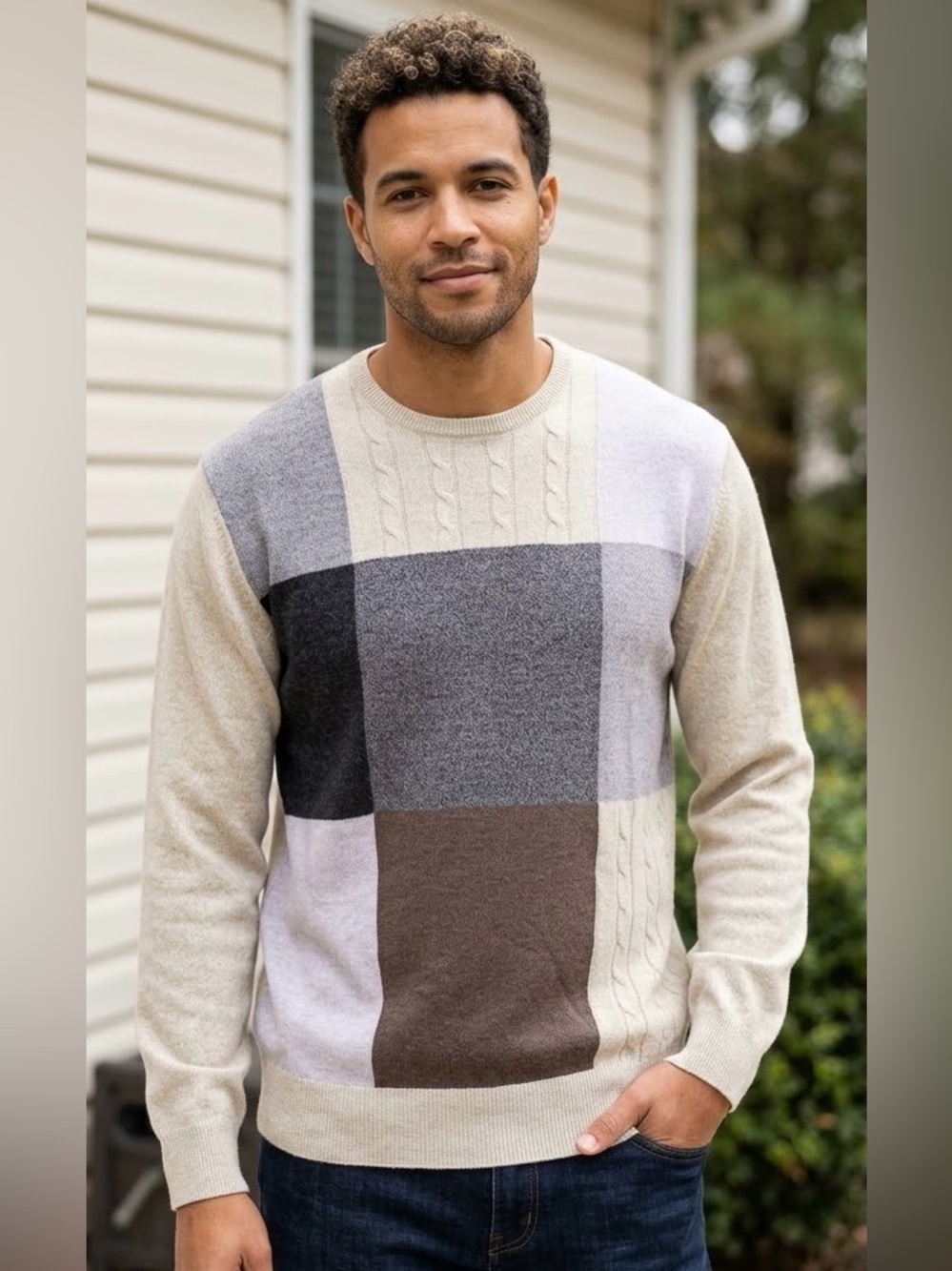Mens / Unisex Neutral Colorblock Cable Knit Sweater Beige Brown Grey Size XL